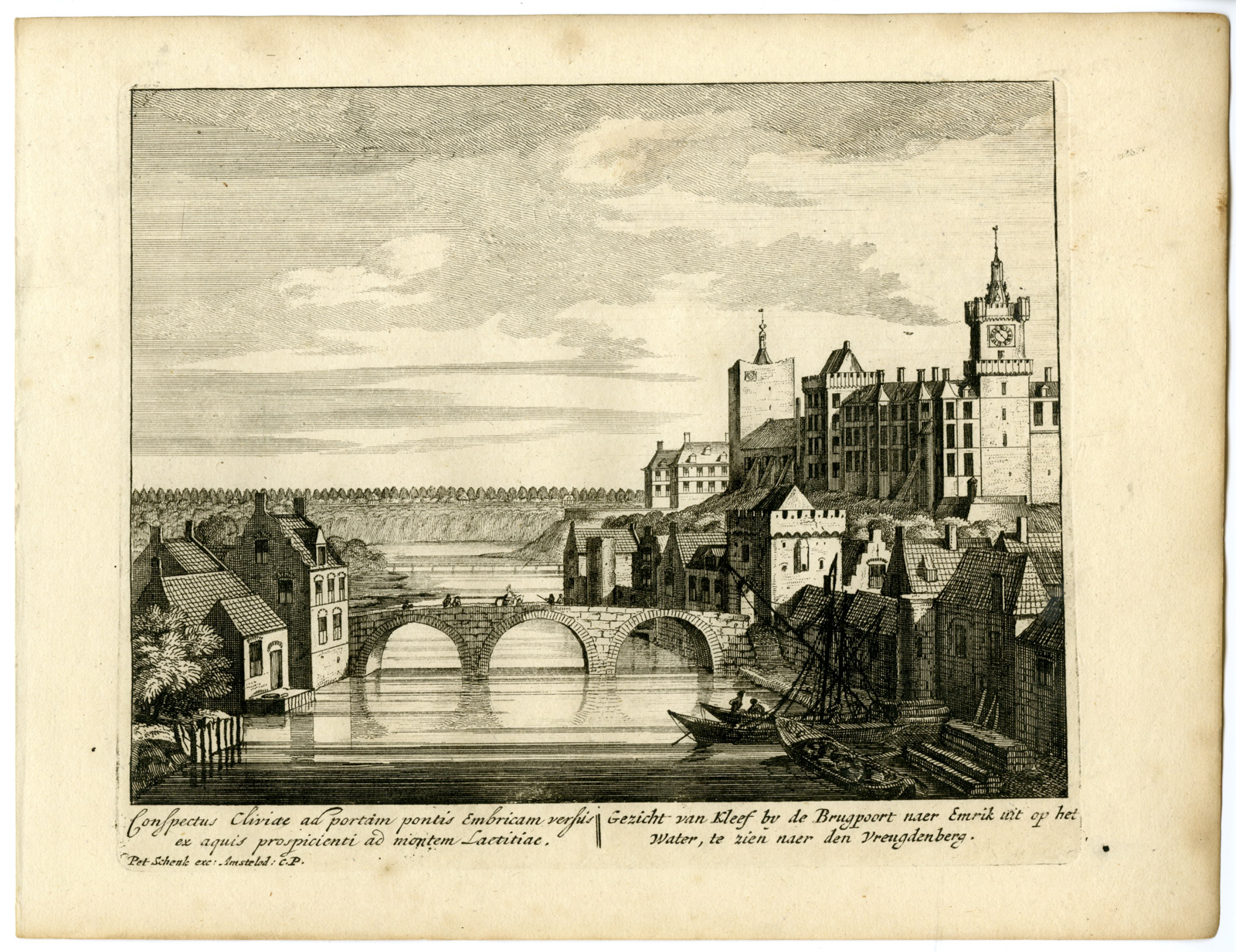, Antique Print-KLEVE-BRIDGE-SCHWANENBURG CASTLE-GERMANY-Schenk-c.1700, Pictura Antique Prints