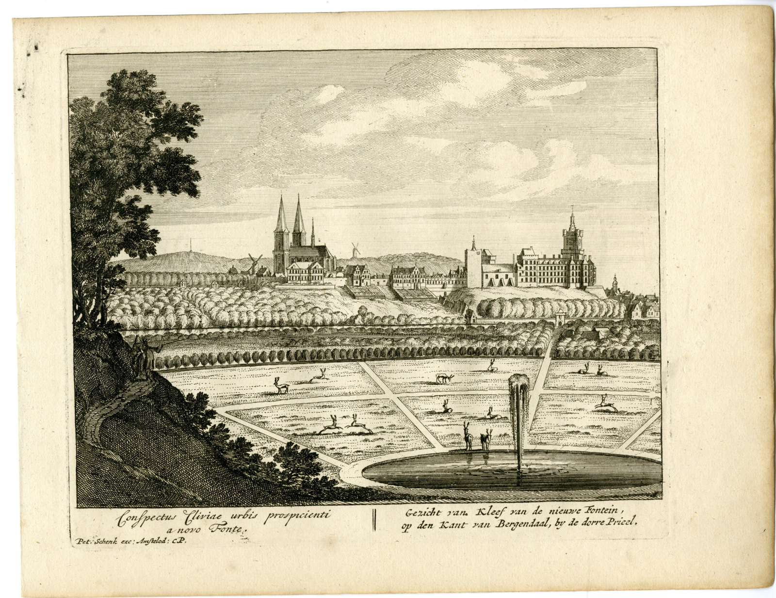 , Antique Print-KLEVE-FOUNTAIN-SCHWANENBURG CASTLE-GERMANY-Schenk-c.1700, Pictura Antique Prints