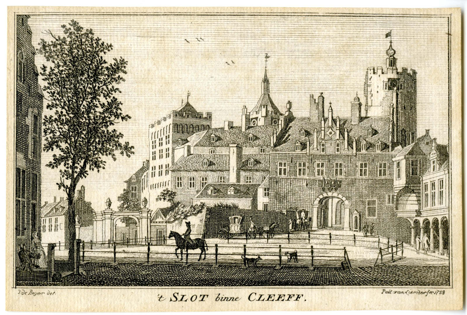 , Antique Print-KLEVE-SCHWANENBURG CASTLE-VIEW-van Liender-de Beijer-c.1750, Pictura Antique Prints