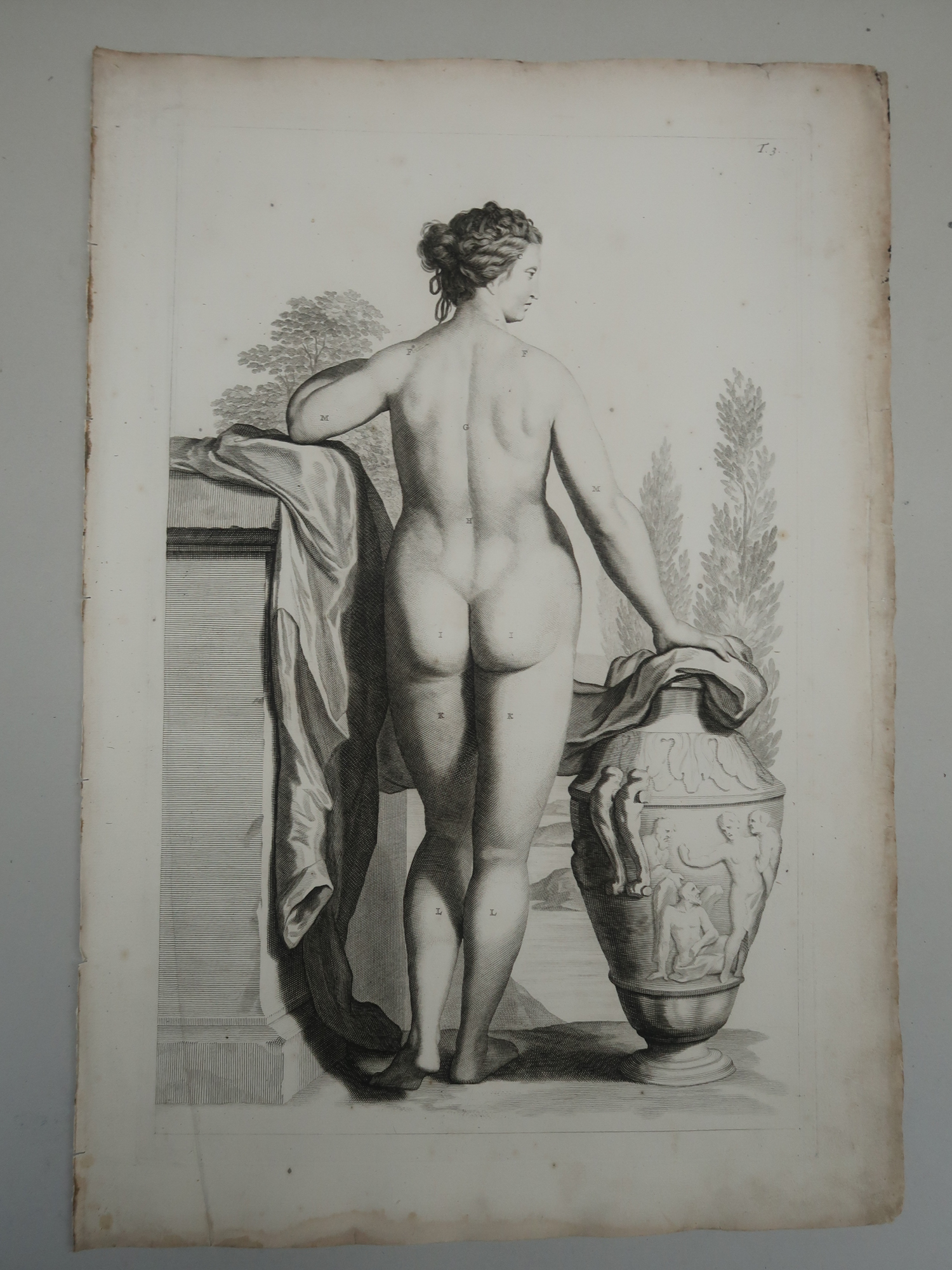 , Antique Print-T.3.-FEMALE-ANATOMY-BACK-NUDE-URNS-de Lairesse-Bidloo-1728, Pictura Antique Prints