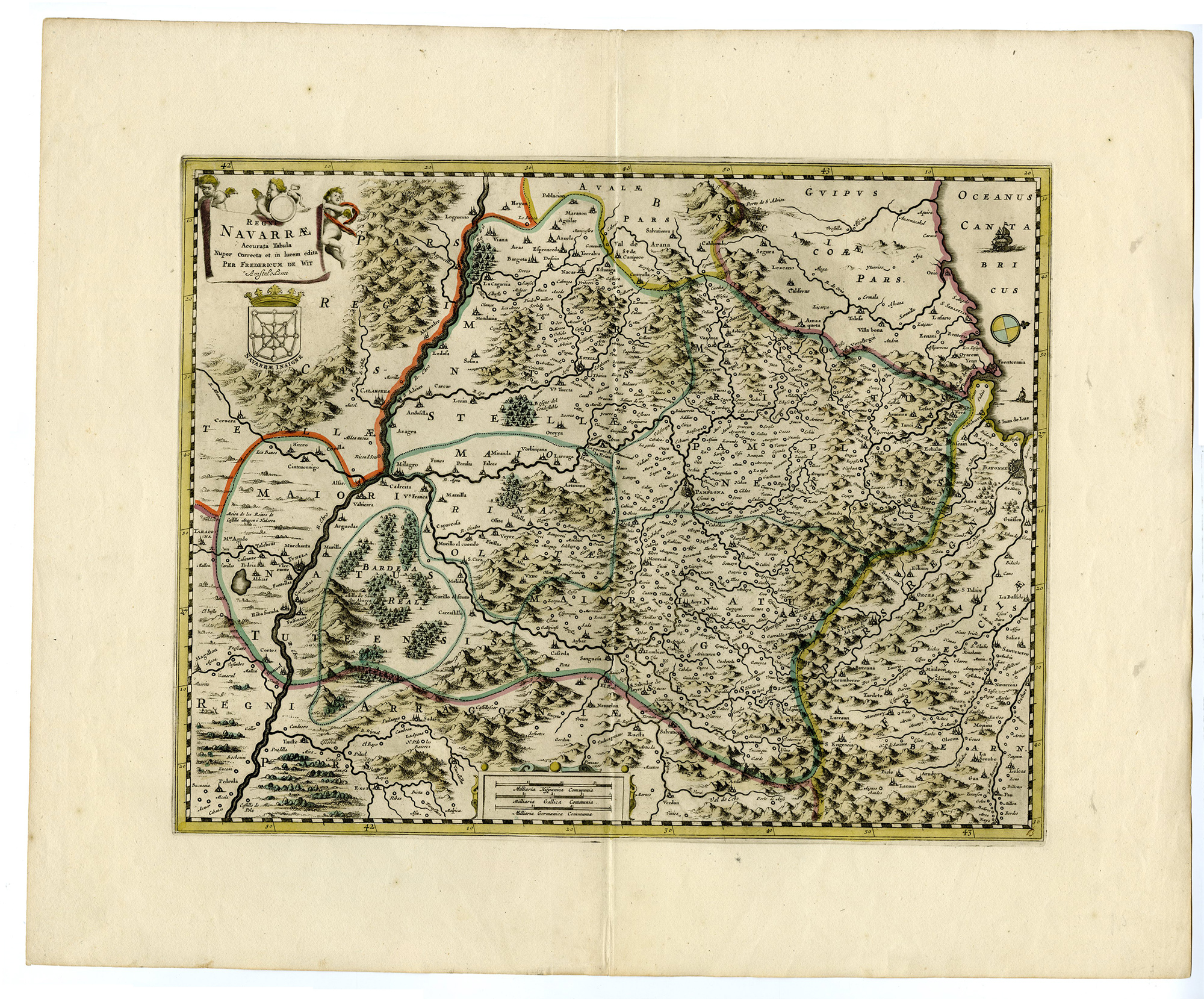 , Antique Map-NAVARRE-SPAIN-BAY OF BISKAY-PAMPLONA-CASTILLA-de Wit-1680, Pictura Antique Prints