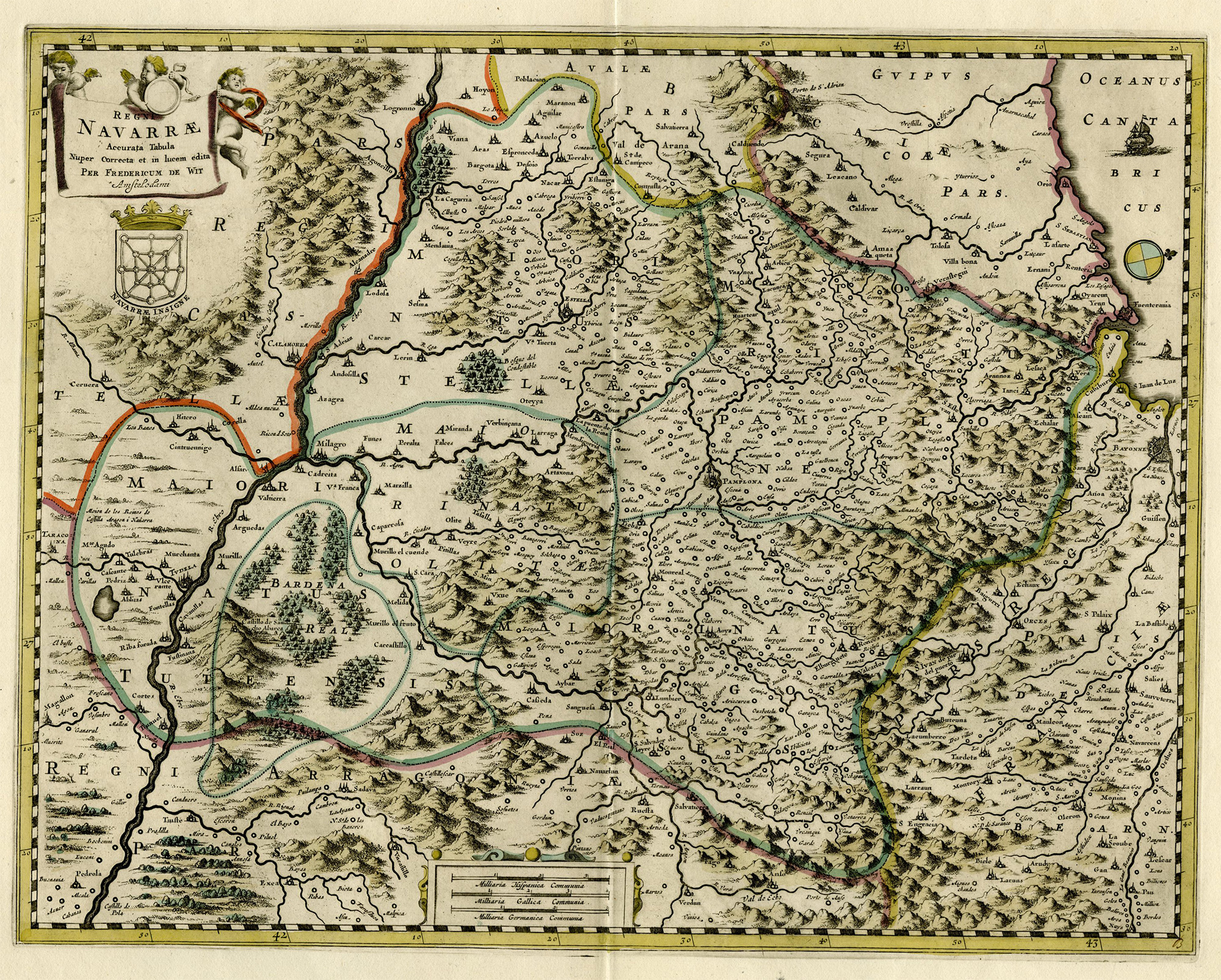, Antique Map-NAVARRE-SPAIN-BAY OF BISKAY-PAMPLONA-CASTILLA-de Wit-1680, Pictura Antique Prints