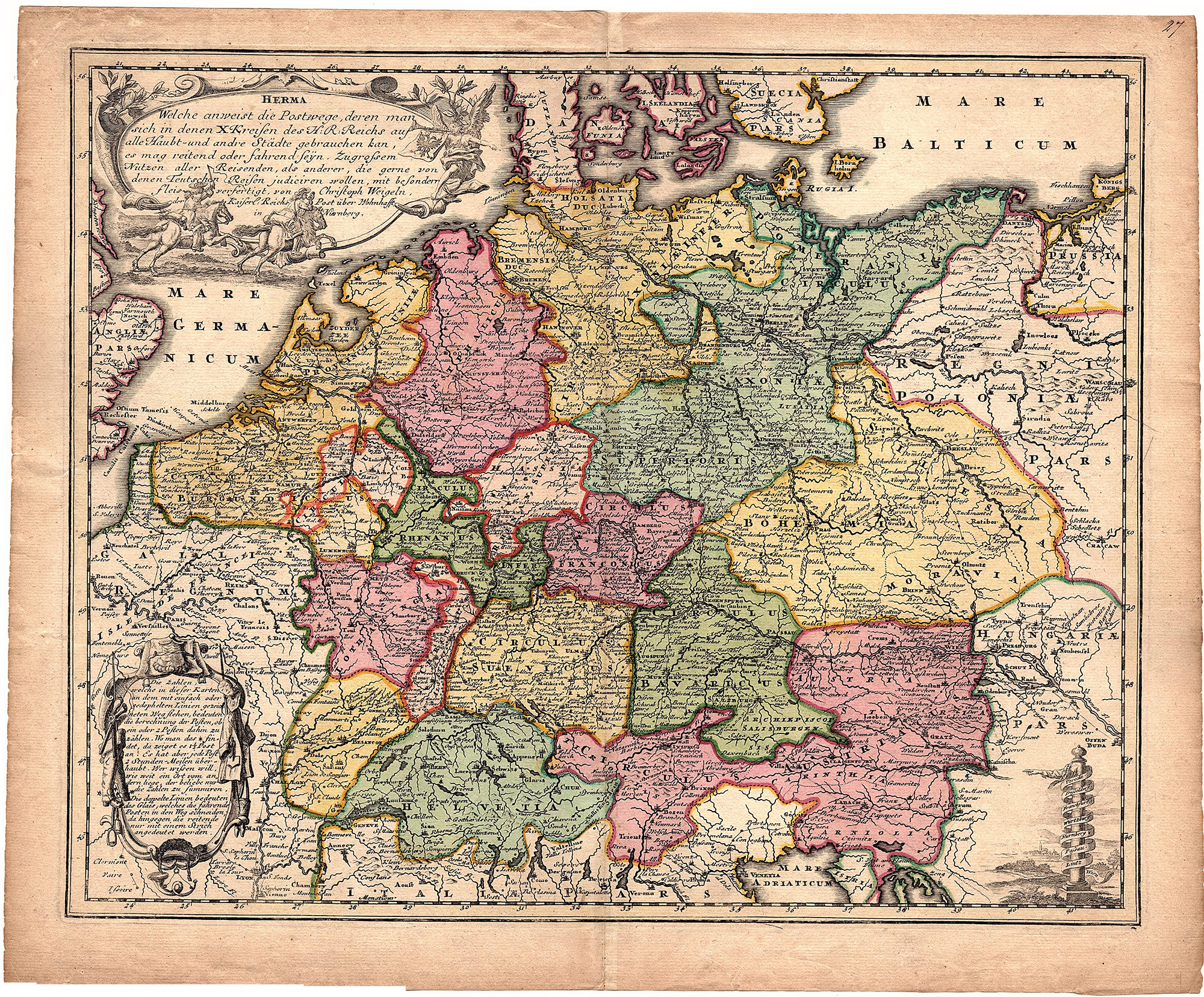 , Antique Map-POSTAL ROADS-SWITZERLAND-GERMANY-NETHERLANDS-Weigel-1718, Pictura Antique Prints