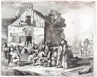 Antique Master Print-VILLAGE FEAST-EATING-DRINKING-MARKET-CHURCH-TAVERN-PEOPLE-Velde-1617