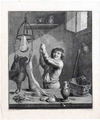 Antique Master Print-KITCHEN-HUNTING GAME-MAN-HARE-BIRD-POTS-Delfos-Teniers-1752