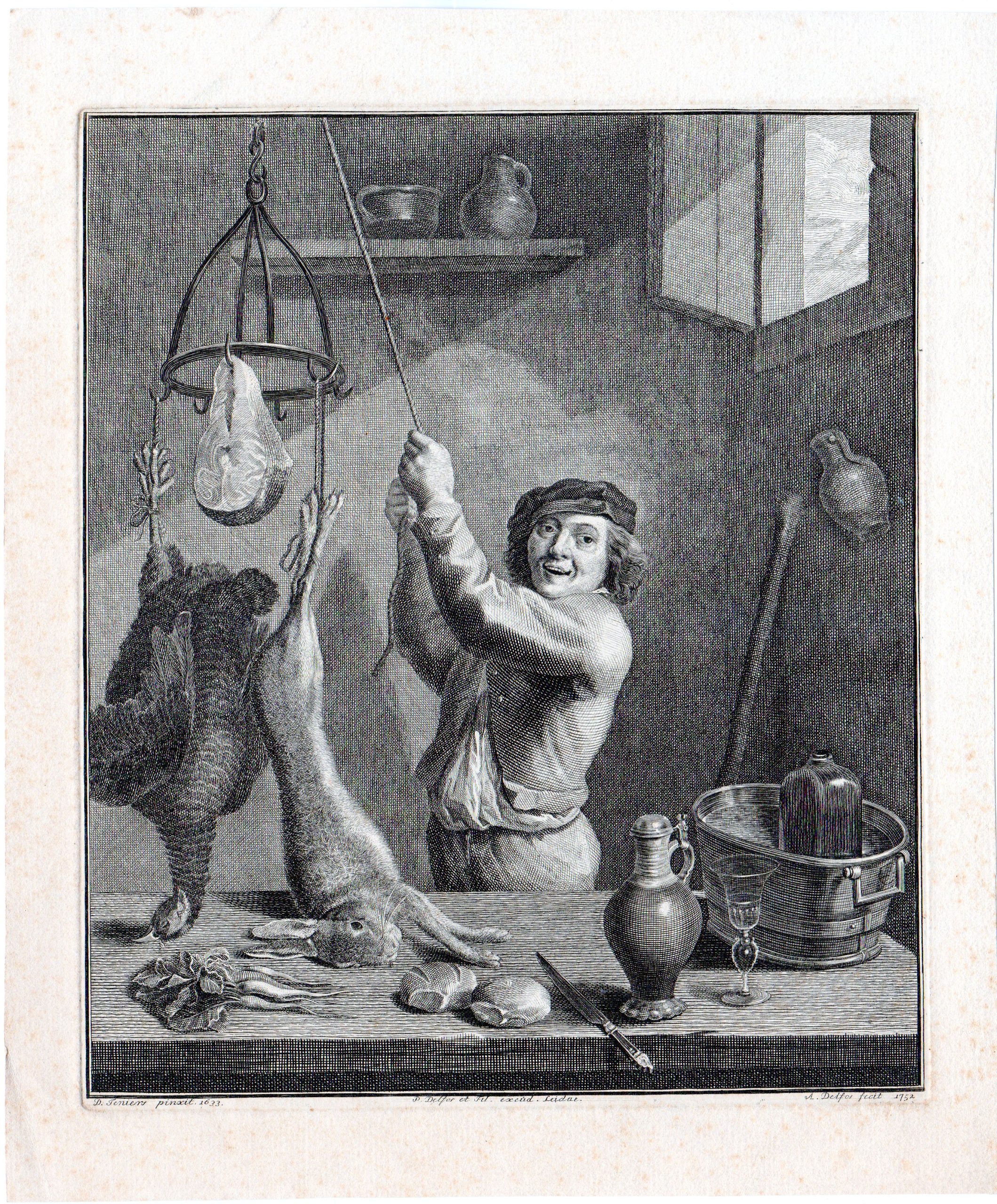 , Antique Master Print-KITCHEN-HUNTING GAME-MAN-HARE-BIRD-POTS-Delfos-Teniers-1752, Pictura Antique Prints