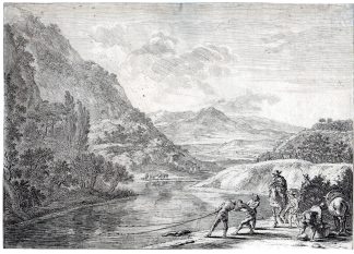 Antique Master Print-LANDSCAPE-FISHING-RIVER-MOUNTAINS-HORSEBACK-MEN-HORSES-Wtenbrouck-1630