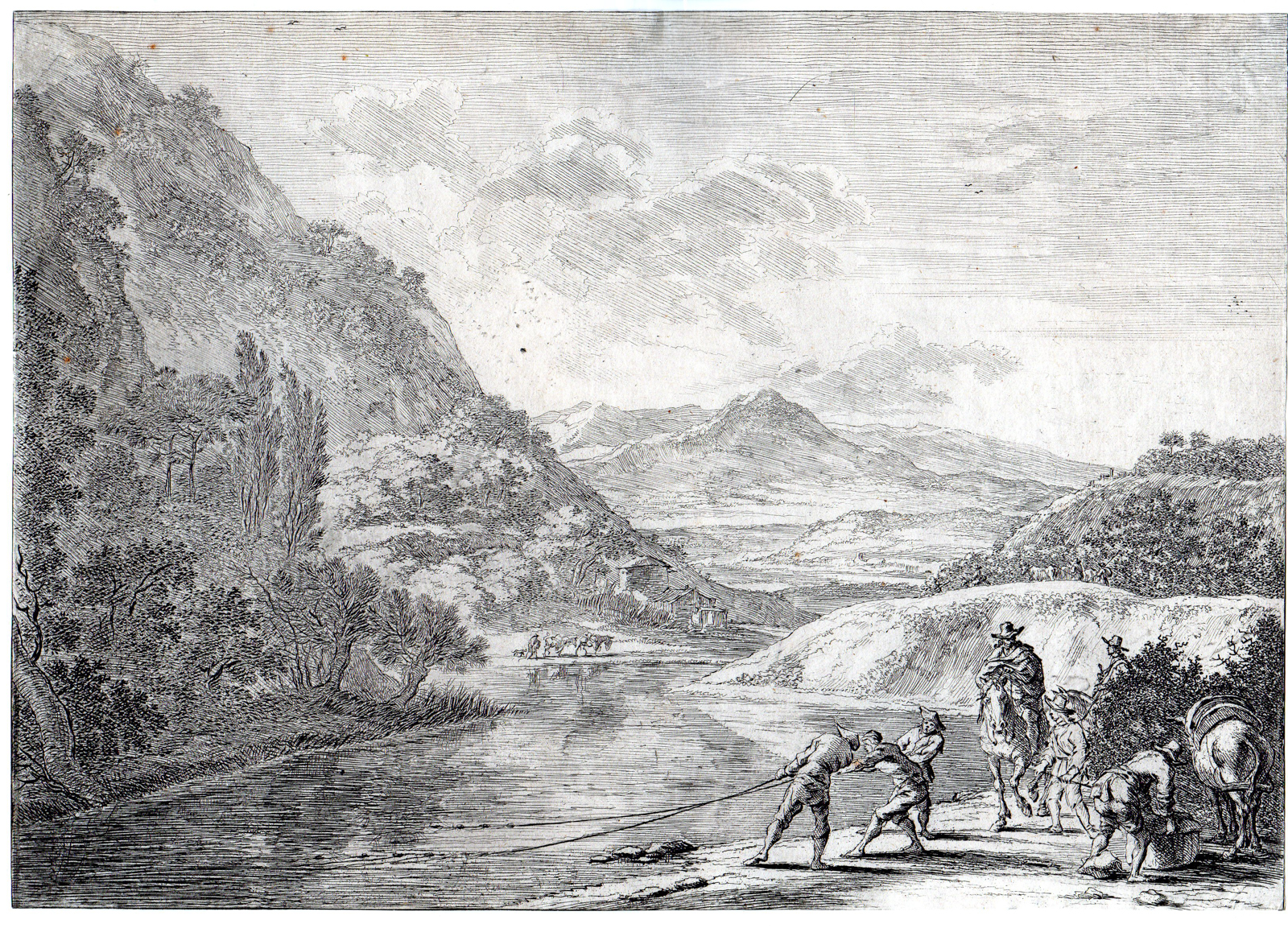 , Antique Master Print-LANDSCAPE-FISHING-RIVER-MOUNTAINS-HORSEBACK-MEN-HORSES-Wtenbrouck-1630, Pictura Antique Prints