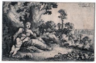 Antique Master Print-LANDSCAPE-TREES-MOTHER-NAKED CHILD-Wtenbrouck-Visscher-1630