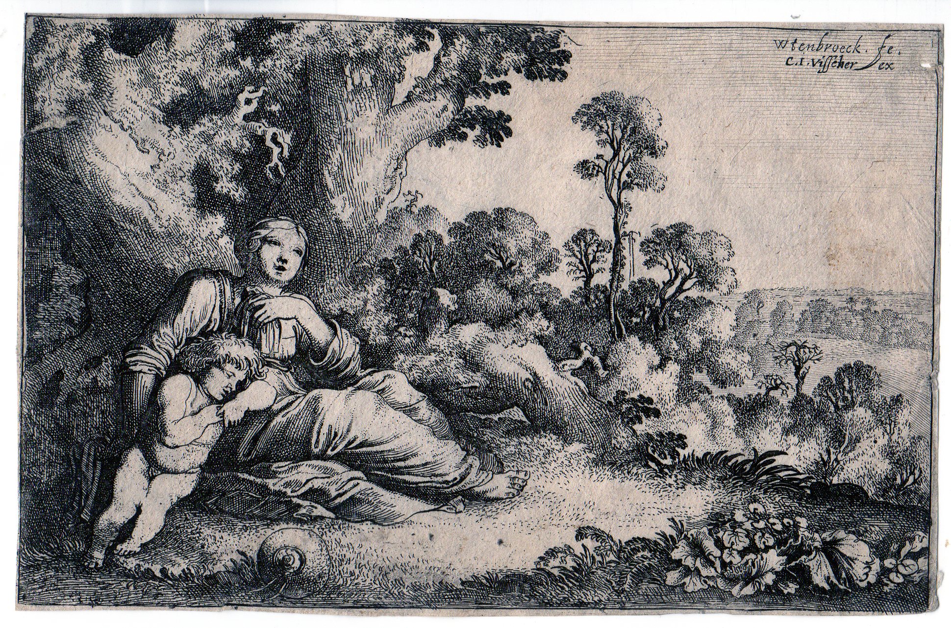 , Antique Master Print-LANDSCAPE-TREES-MOTHER-NAKED CHILD-Wtenbrouck-Visscher-1630, Pictura Antique Prints