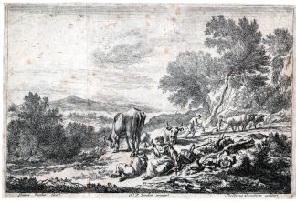Antique Master Print-RESTING WORKERS-PLOUGHING OX-LANDSCAPE-Visscher-Berchem-1680