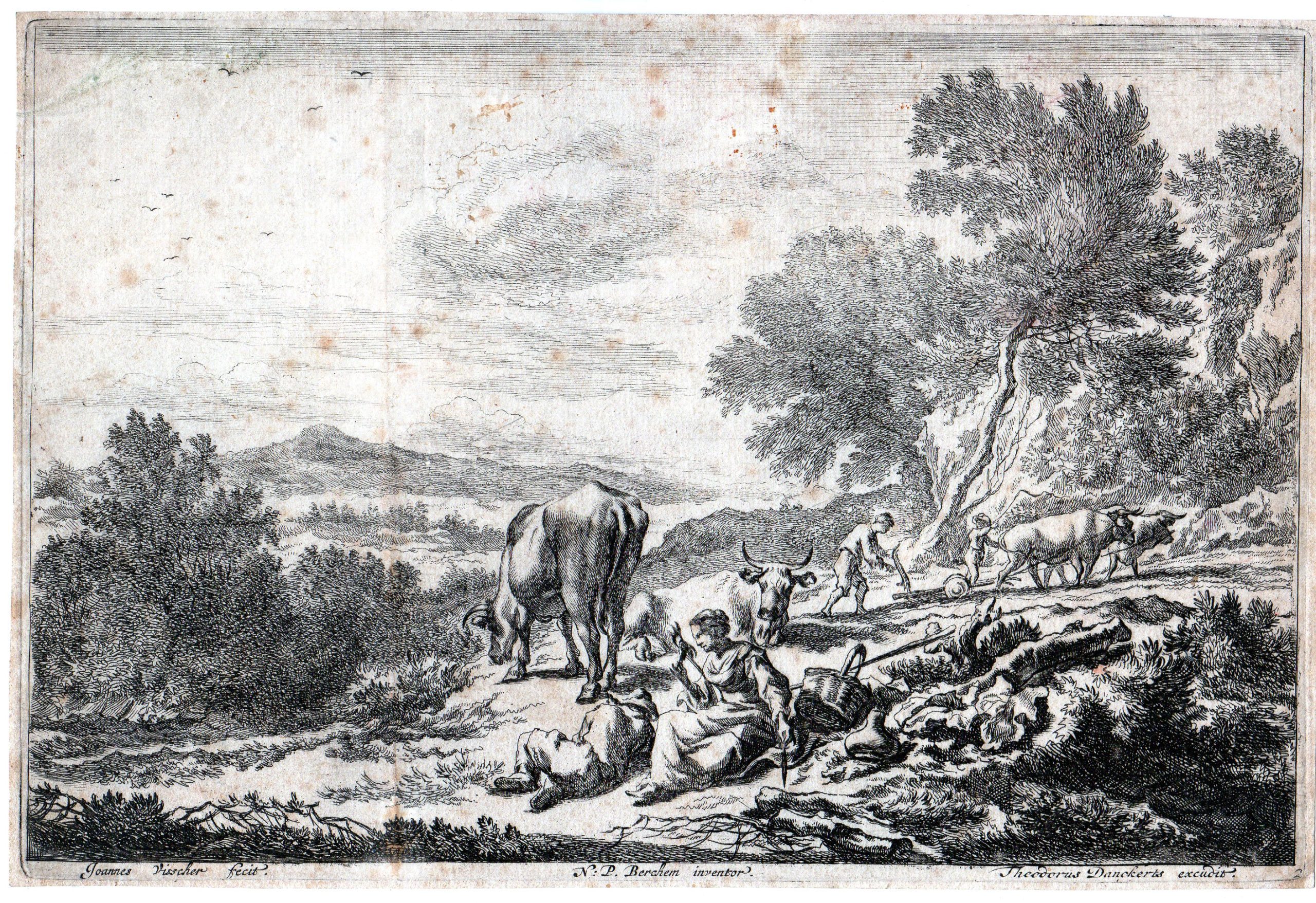 , Antique Master Print-RESTING WORKERS-PLOUGHING OX-LANDSCAPE-Visscher-Berchem-1680, Pictura Antique Prints