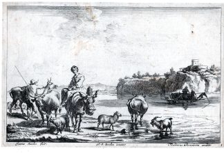 Antique Master Print-LANDSCAPE-WOMAN MULEBACK-COWS-FERRY-Visscher-Berchem-1680