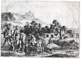 Antique Master Print-BIBLE-RELIGION-DEPARTURE HAGAR-LANDSCAPE-Wtenbrouck -1675