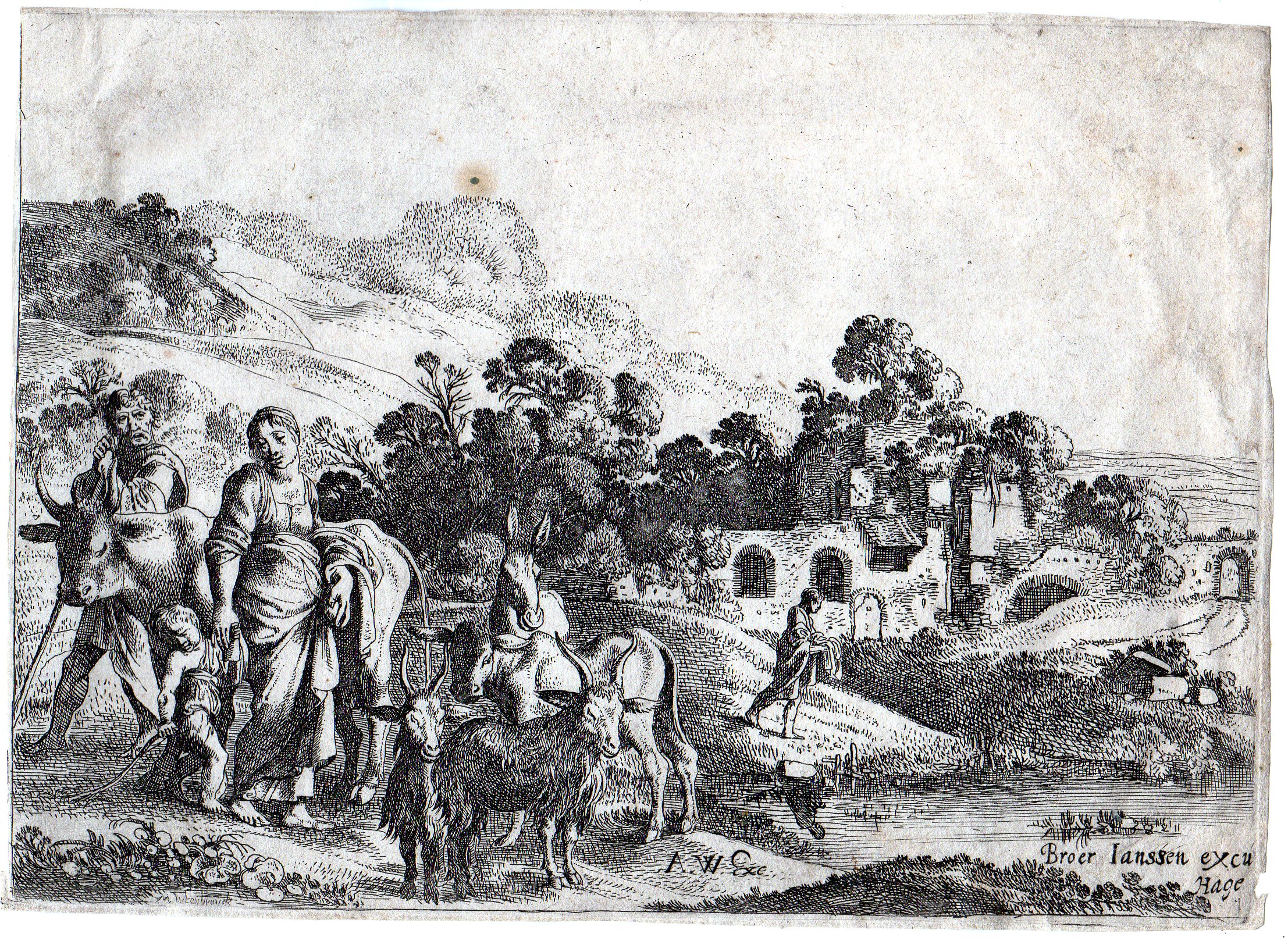 , Antique Master Print-BIBLE-RELIGION-DEPARTURE HAGAR-LANDSCAPE-Wtenbrouck -1675, Pictura Antique Prints