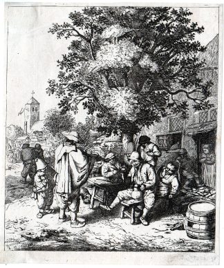 Antique Master Print-MUSIC-FIDDLER-HURDY GURDY-INN-DRUNK PEOPLE-Ostade-1700