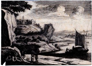 Antique Master Print-LANDSCAPE-RIVER-SHIP-PEOPLE-HORSEBACK-CITY-Almeloveen-1670