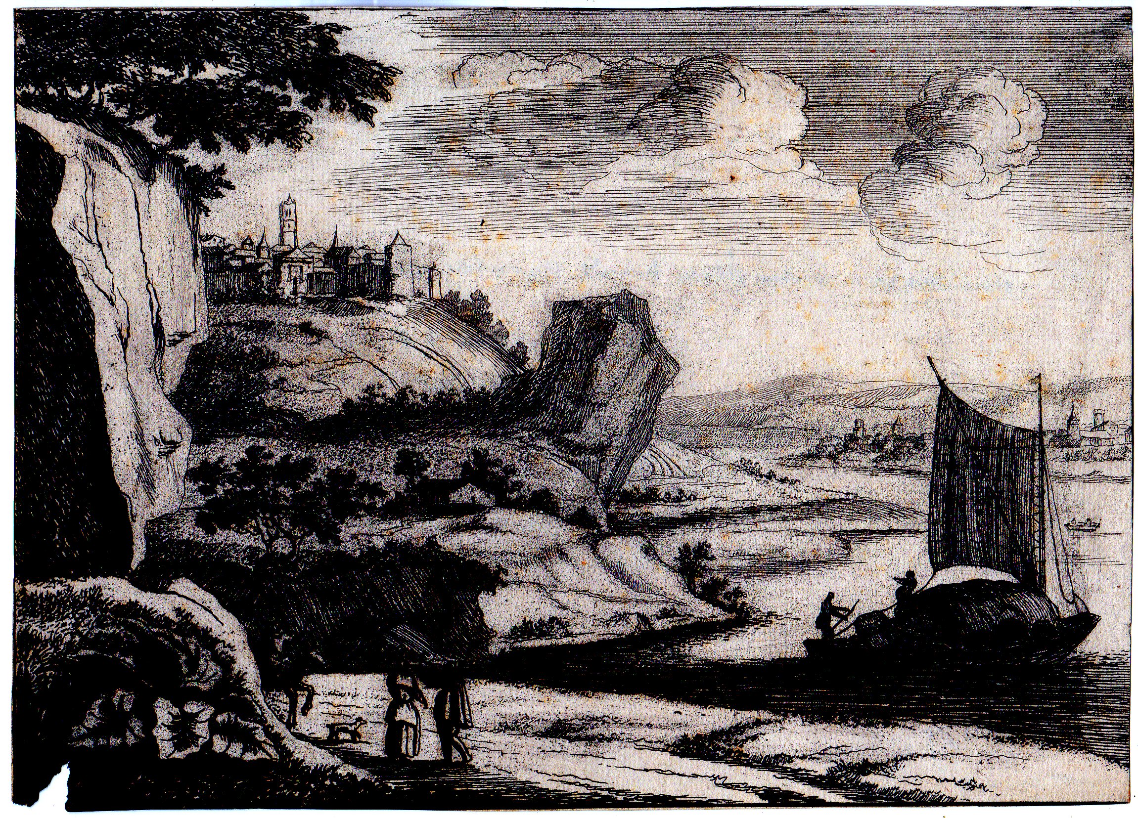 , Antique Master Print-LANDSCAPE-RIVER-SHIP-PEOPLE-HORSEBACK-CITY-Almeloveen-1670, Pictura Antique Prints