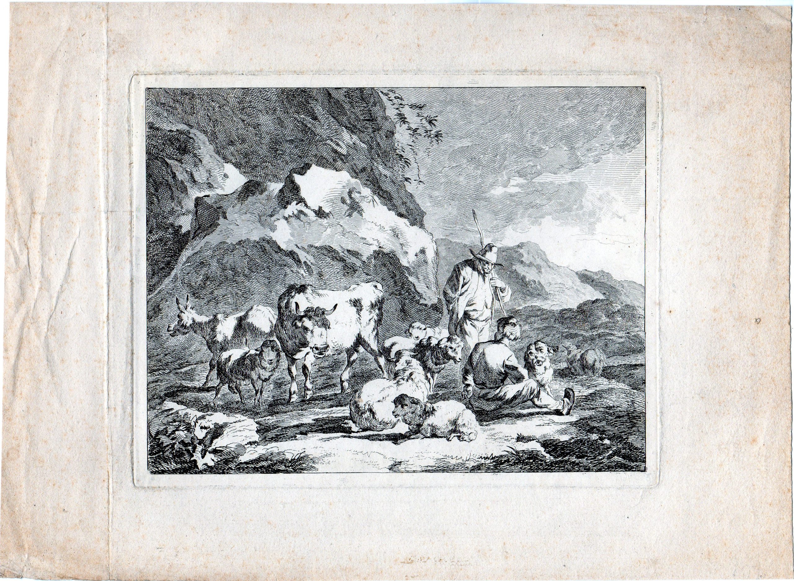 , Antique Master Print-LANDSCAPE-SHEPARD-CATTLE-COWS-DONKEY-DOG-Berghem-1670, Pictura Antique Prints