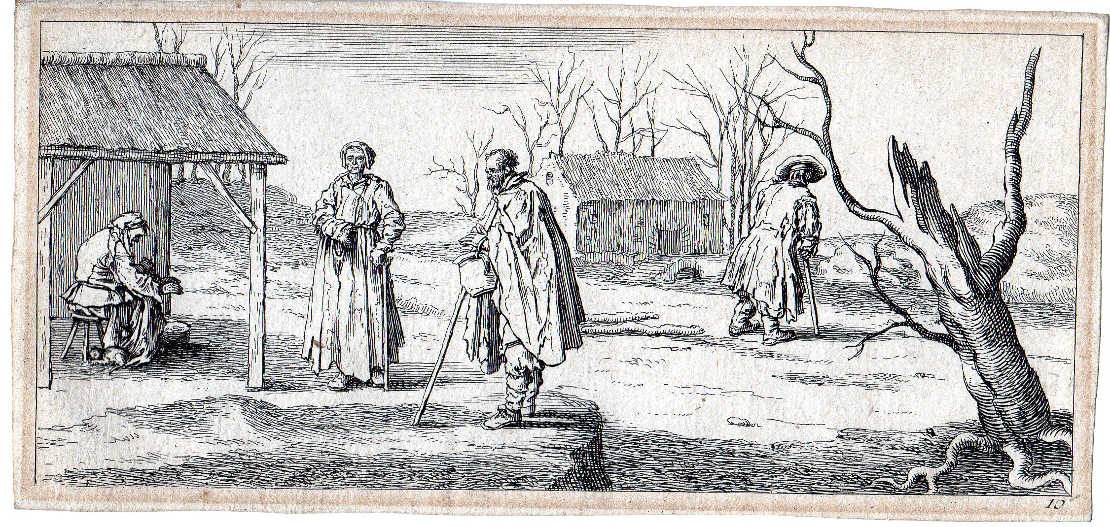 , Antique Master Print-LANDSCAPE-ROOF-BEGGARS-POOR-TREE-Horthemels-Callot-1720, Pictura Antique Prints