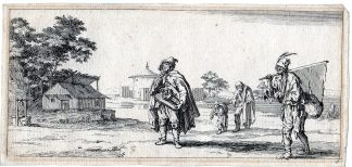 Antique Master Print-LANDSCAPE-BEGGARS-MUSIC-LYRE-FLAG-Horthemels-Callot-1720
