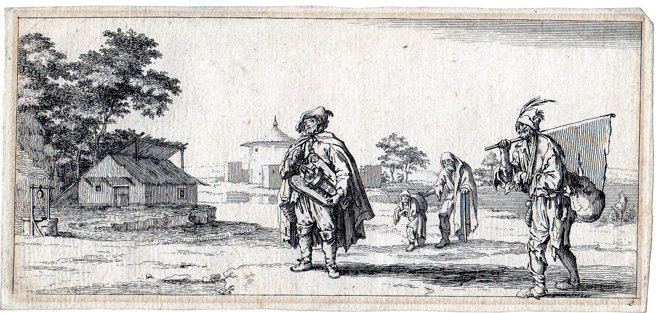 , Antique Master Print-LANDSCAPE-BEGGARS-MUSIC-LYRE-FLAG-Horthemels-Callot-1720, Pictura Antique Prints