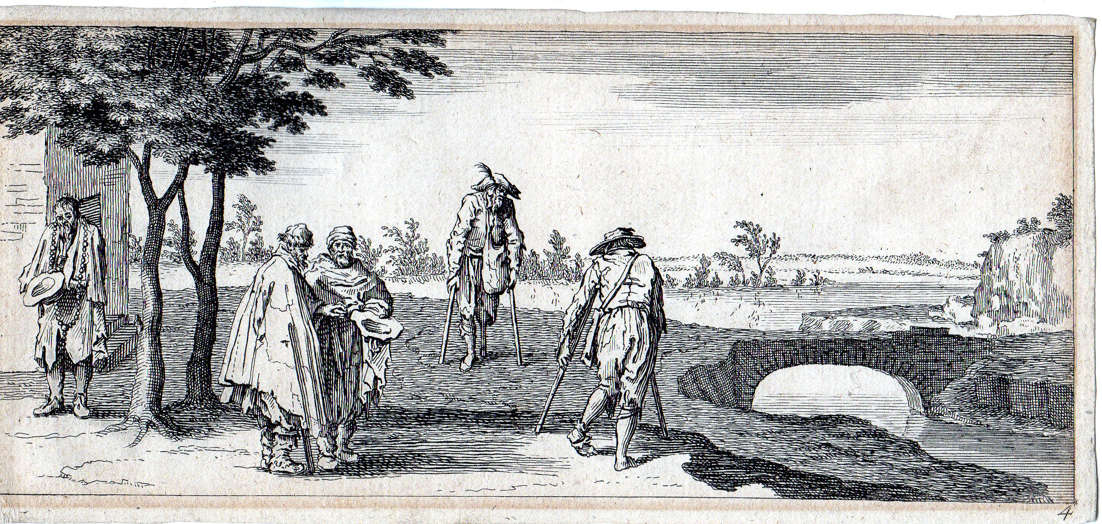 , Antique Master Print-LANDSCAPE-BEGGARS-PARALYZED-BRIDGE-Horthemels-Callot-1720, Pictura Antique Prints