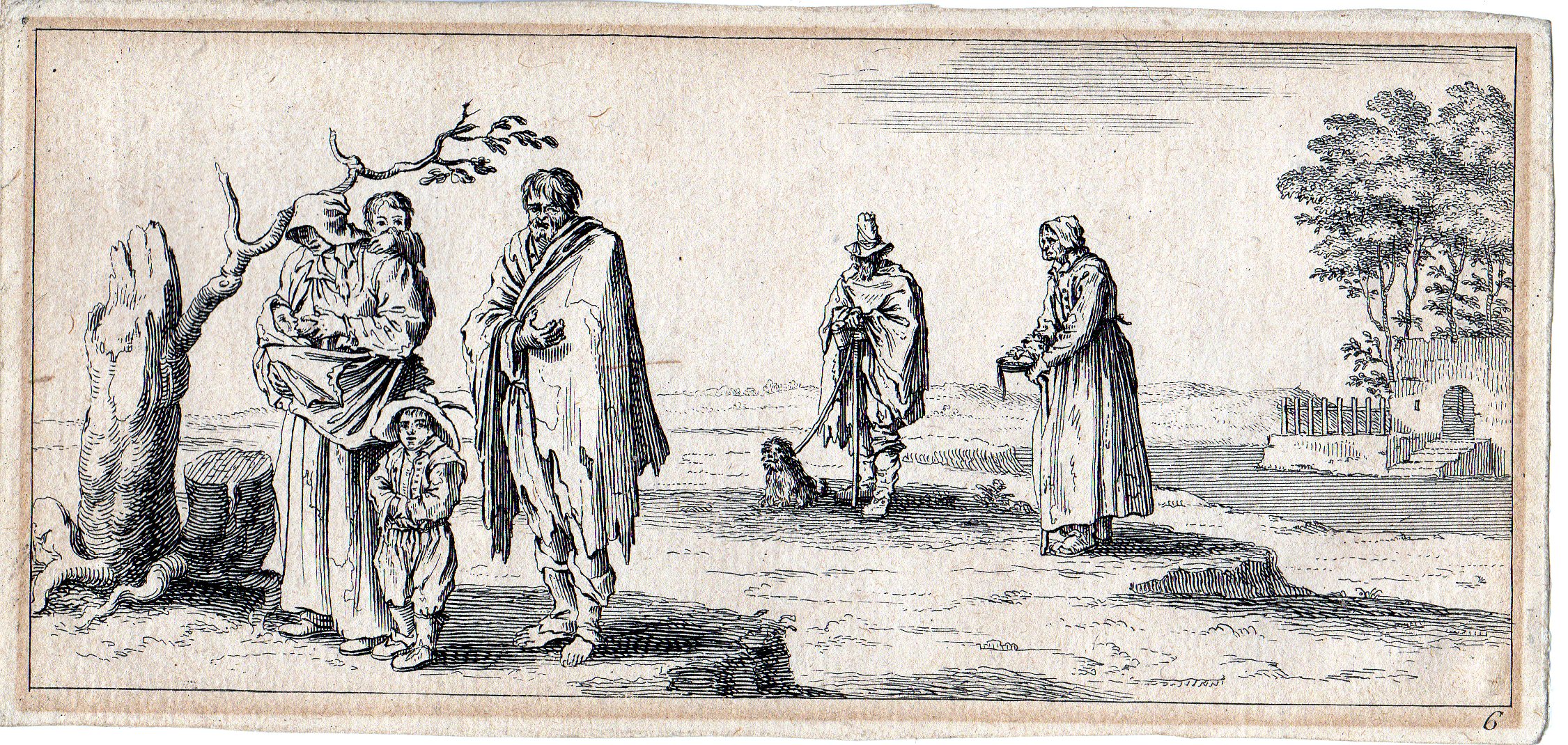 , Antique Master Print-LANDSCAPE-BEGGARS-POOR-CHILDREN-BABY-Horthemels-Callot-1720, Pictura Antique Prints