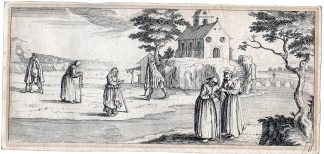 Antique Master Print-LANDSCAPE-BEGGARS-POOR-CHURCH-HILL-Horthemels-Callot-1720