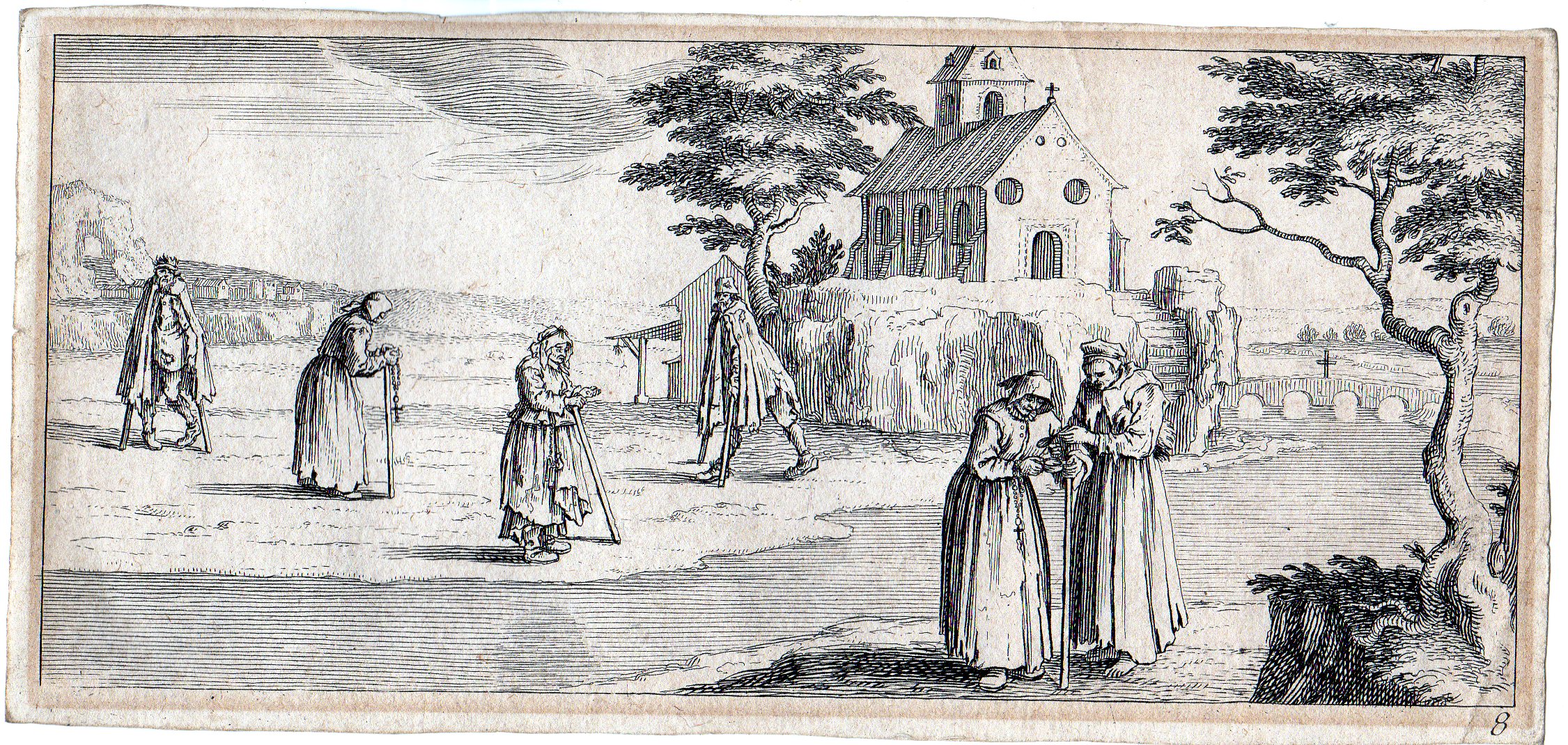 , Antique Master Print-LANDSCAPE-BEGGARS-POOR-CHURCH-HILL-Horthemels-Callot-1720, Pictura Antique Prints