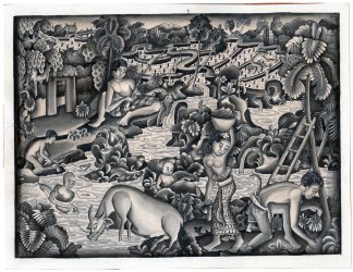 Antique Drawing-BALI-INDONESIA-BATUAN-FISHING-SAWAH-Anonymous-c.1930