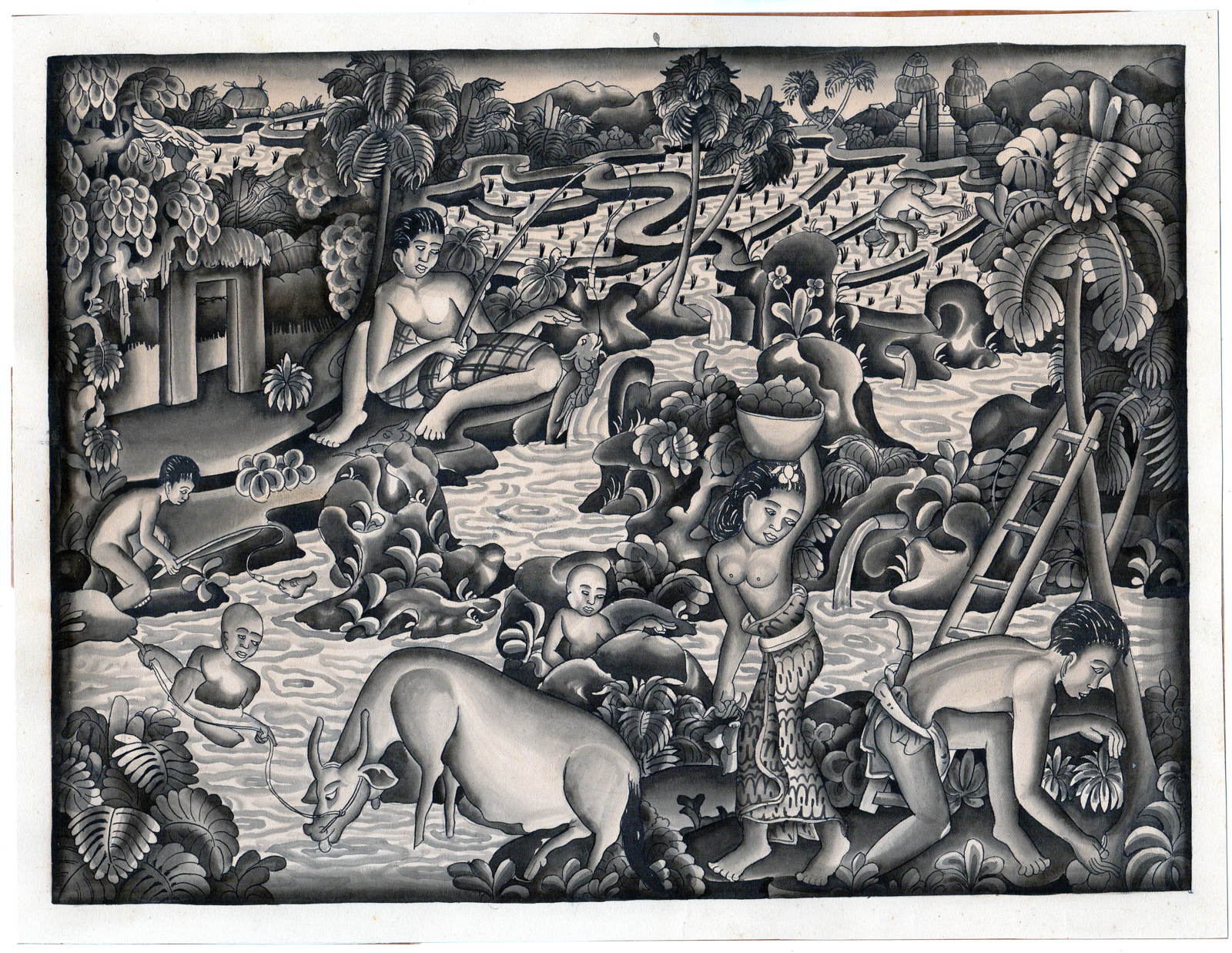 , Antique Drawing-BALI-INDONESIA-BATUAN-FISHING-SAWAH-Anonymous-c.1930, Pictura Antique Prints