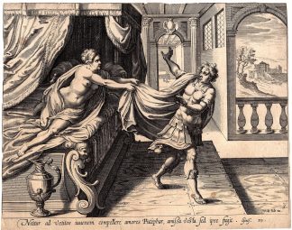 Antique Master Print-BIBLE-RELIGION-JOSEPH-POTIPHAR'S WIFE-BED-NAKED-Jode-1600