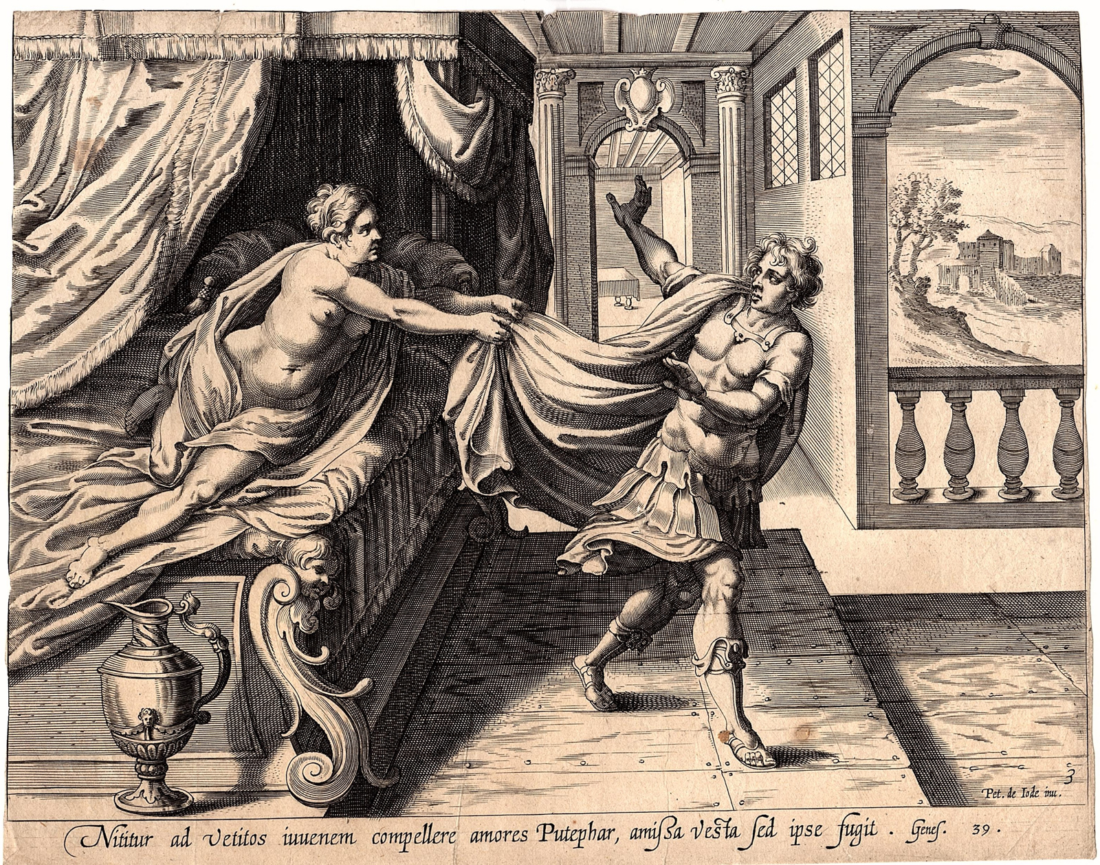 , Antique Master Print-BIBLE-RELIGION-JOSEPH-POTIPHAR’S WIFE-BED-NAKED-Jode-1600, Pictura Antique Prints