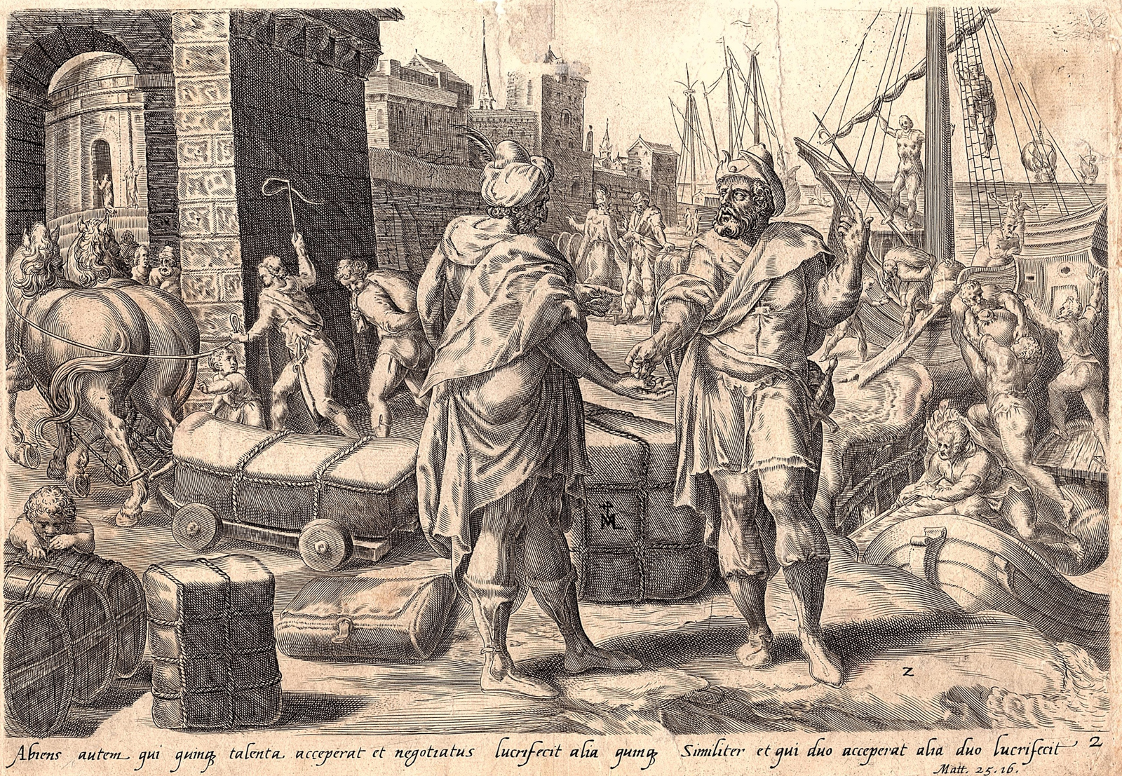 , Antique Master Print-BIBLE-RELIGION-TALENTS-TRADING-SHIPS-Muller-Groeningen-1600, Pictura Antique Prints