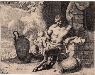 Antique Master Print-GREEK MYTHOLOGY-SATYR-CHILD-JUGS-SHADOW-Brun-Kilian-1640