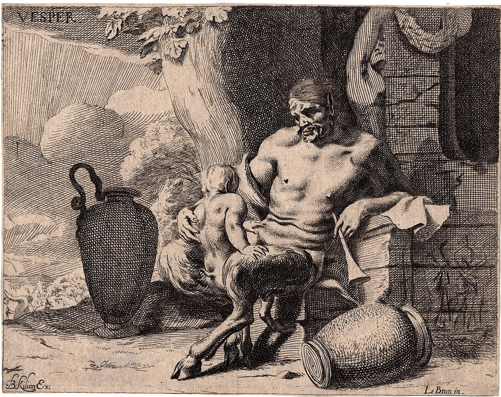 , Antique Master Print-GREEK MYTHOLOGY-SATYR-CHILD-JUGS-SHADOW-Brun-Kilian-1640, Pictura Antique Prints