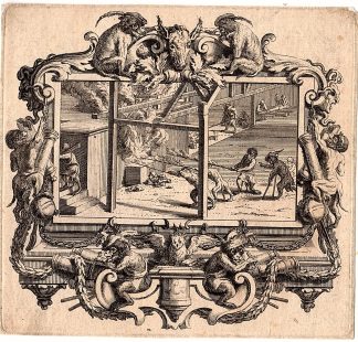 Antique Master Print-ALLEGORY-ANIMALS-MONKEYS-CANON-WAR-OWL-Anonymous-ca 1700