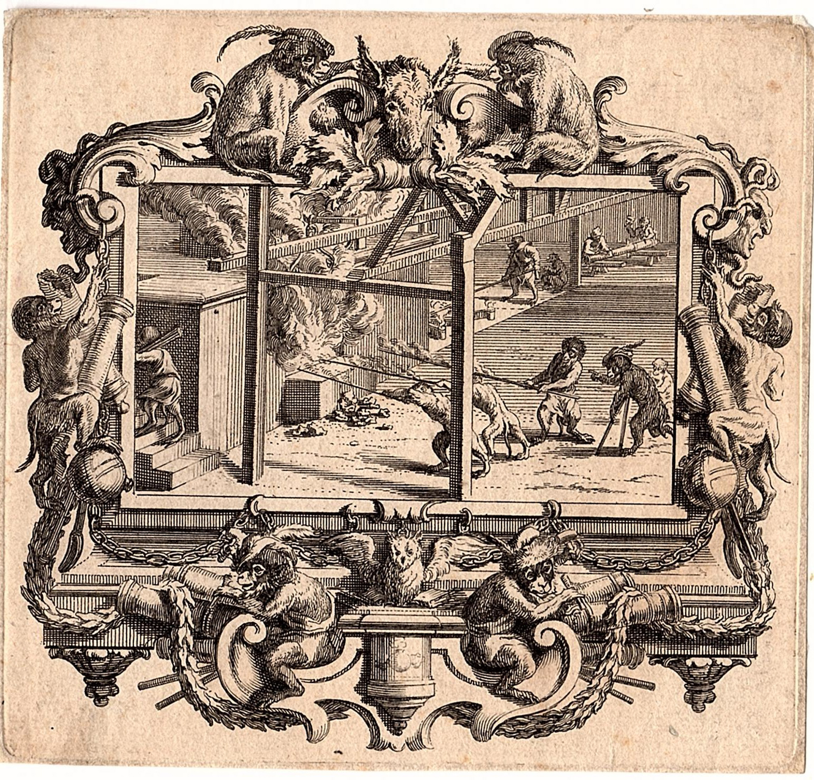 , Antique Master Print-ALLEGORY-ANIMALS-MONKEYS-CANON-WAR-OWL-Anonymous-ca 1700, Pictura Antique Prints