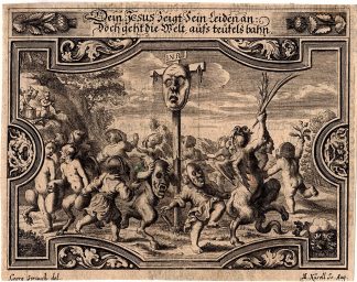 Antique Print-ALLEGORIC-DEVILS-MEN DANCING-CHRISTS CROSS-Kussel-Strauch-1683