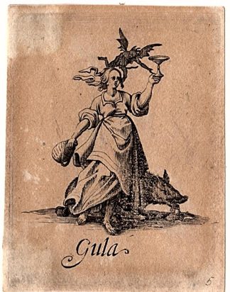 Antique Master Print-GULA-DEADLY SINS-DEVIL-WOMAN-BOAR-JUG-Callot-1619