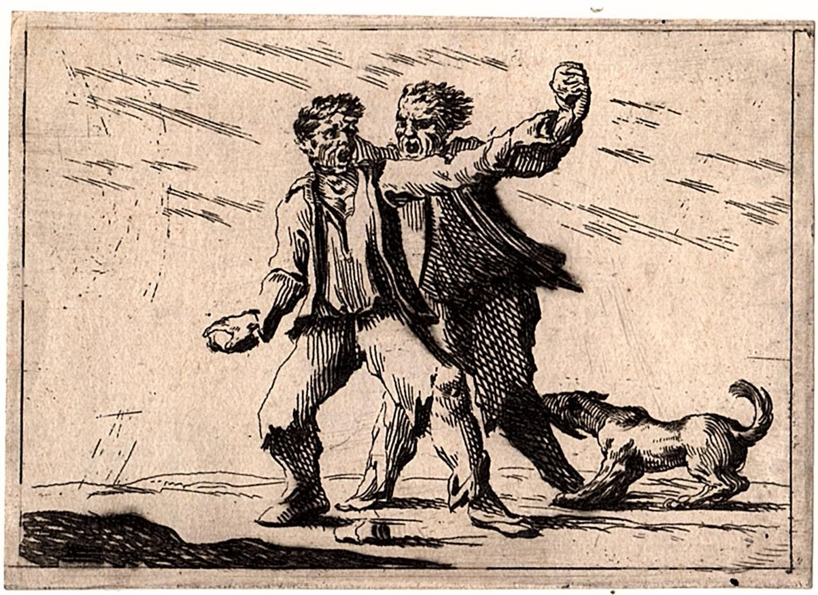 , Antique Master Print-FIGHTING-MEN-BEGGARS-RAGGED CLOTHES-DOG-Anonymous-1700, Pictura Antique Prints
