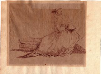 Antique Drawing-WOMAN-BARE FEETS-SKIRT-WICKER BASKET-PENSING-Anonymous-1780