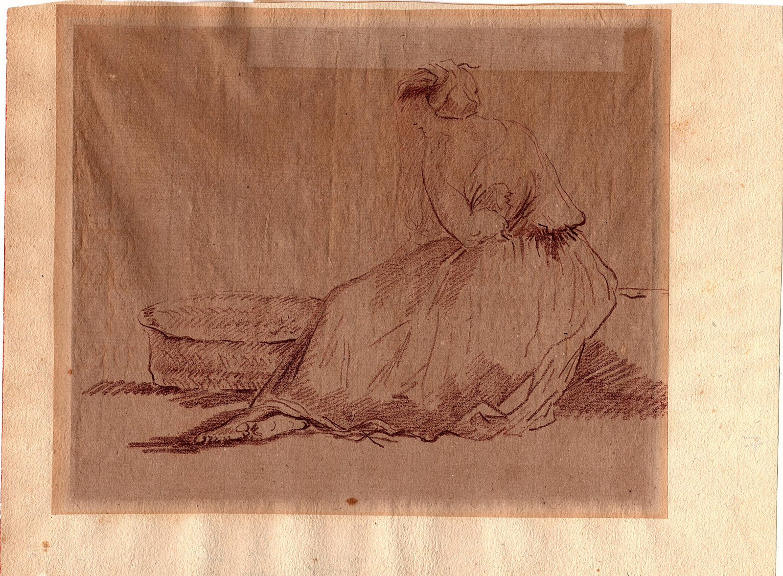 , Antique Drawing-WOMAN-BARE FEETS-SKIRT-WICKER BASKET-PENSING-Anonymous-1780, Pictura Antique Prints