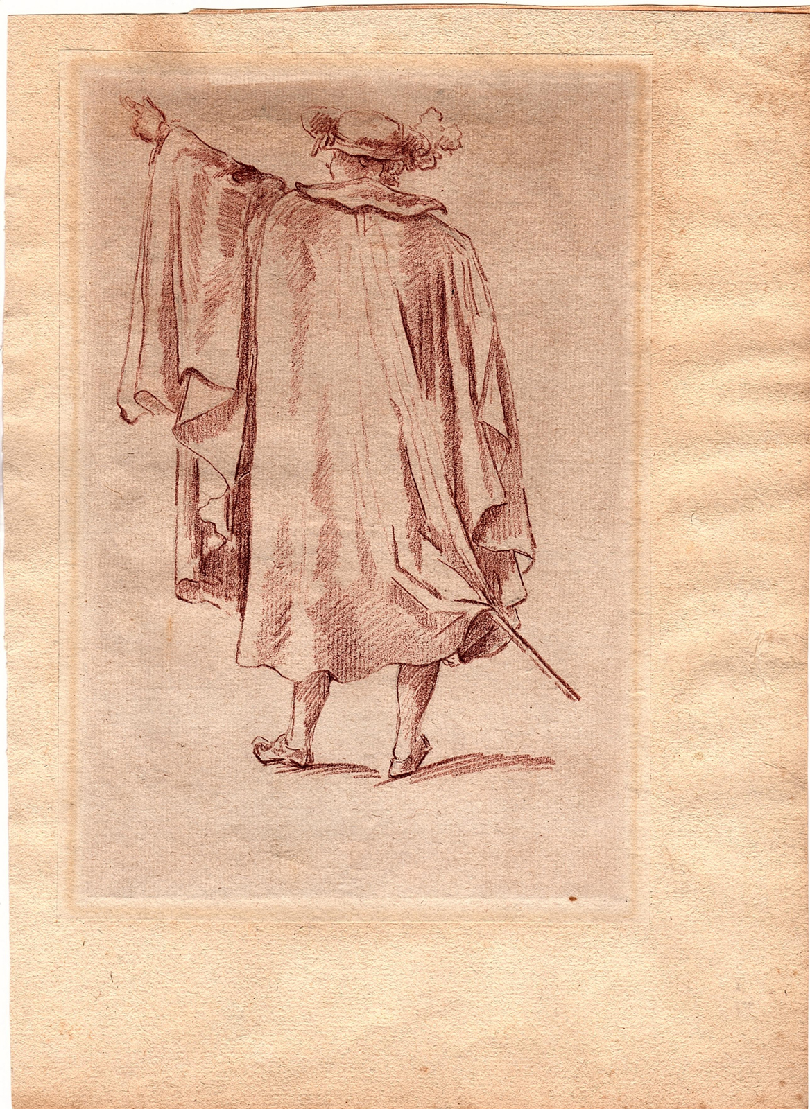 , Antique Print-MAN-STANDING-CAPE-HAT-POINTING-SWORD-Anonymous-1780, Pictura Antique Prints