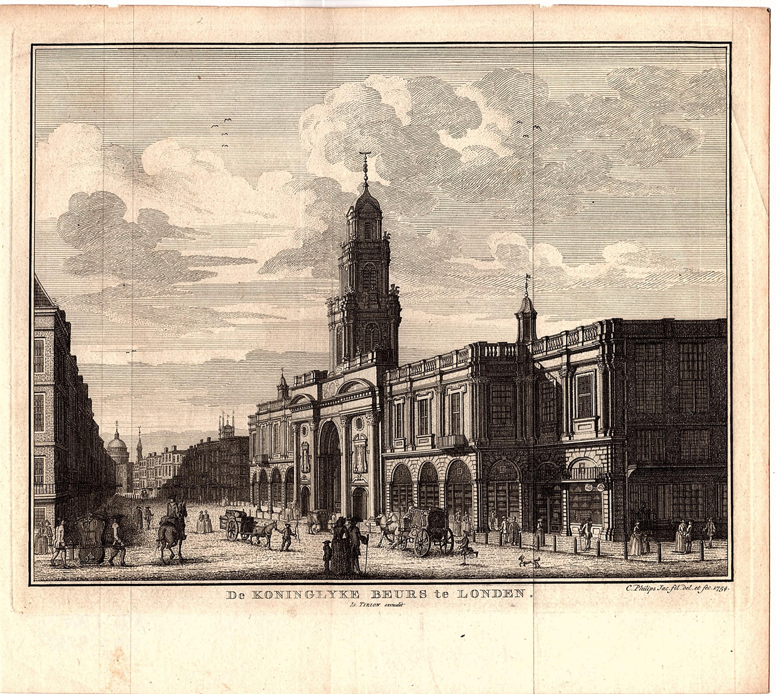 , Antique Print-EXCHANGE-LONDON-UK-PEOPLE-CARRIAGES-MONEY-Philips-Tirion-1754, Pictura Antique Prints