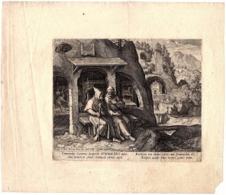 Antique Print-SYMMACUS-HEREMIT-CAVE-MAN TALKING-SUNDIAL-Sadeler-de Vos-c.1600