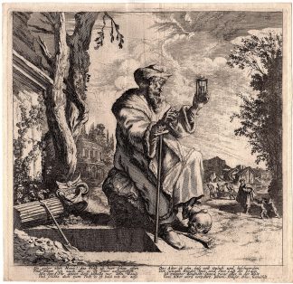 Antique Print-OLD MAN-GRAVE-HOURGLAS-SKULL-DEATH-CHILDREN-Baur-Kusell-1630