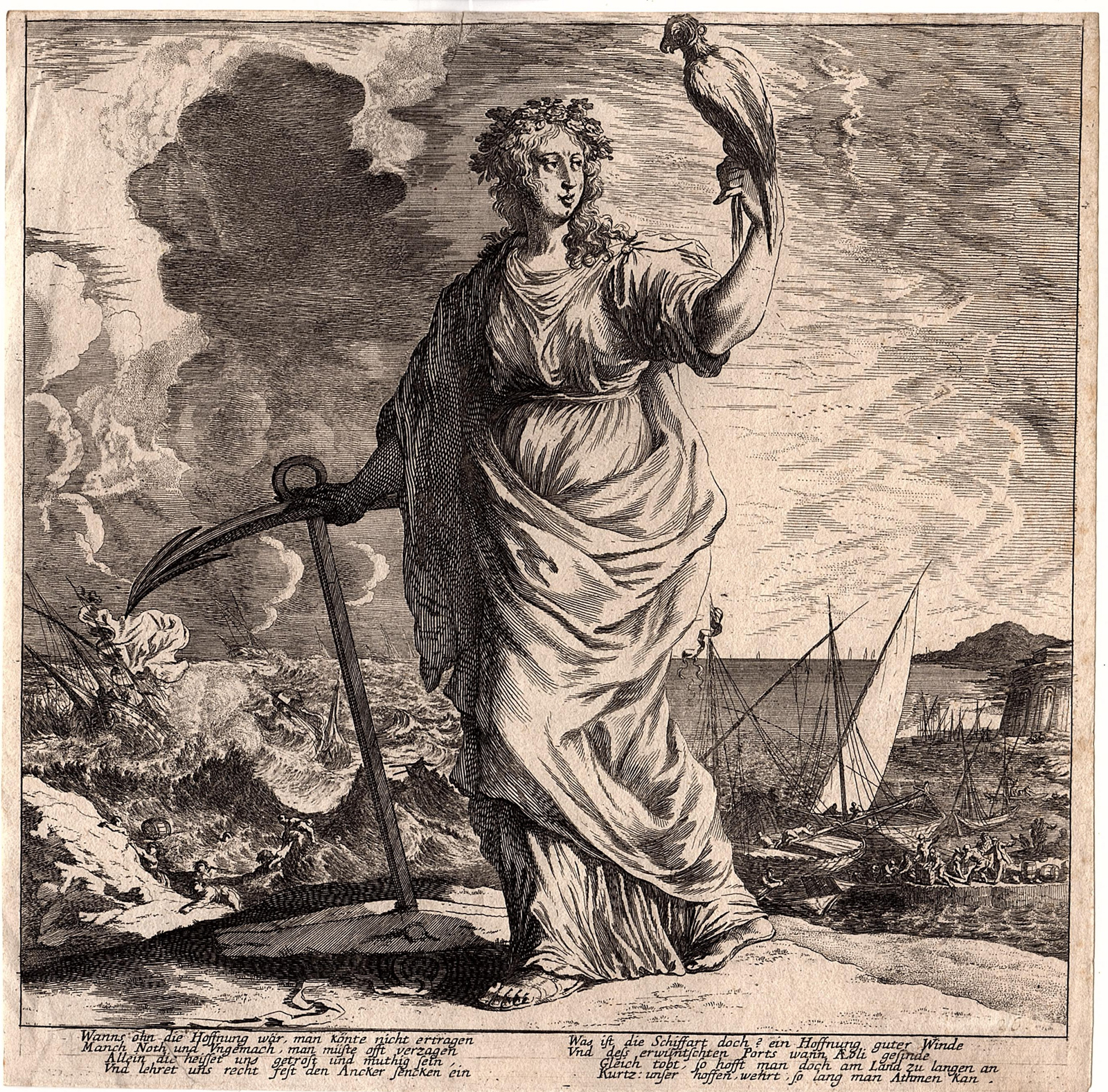 , Antique Print-WOMAN FALCON-ANCHOR-SHIPWRECK-SHIPS-HOPE-Baur-Kusell-1630, Pictura Antique Prints