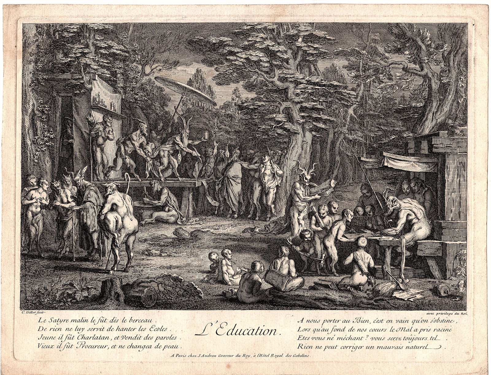 RB 3531 416x318 Antique Print-MYTHOLOGY-PAN-SATYRS-TEACHING-MORTAR-FOREST-Gillot-1700